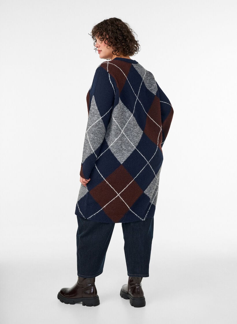Gebreide jurk met groot ruitpatroon, Blauw, Model