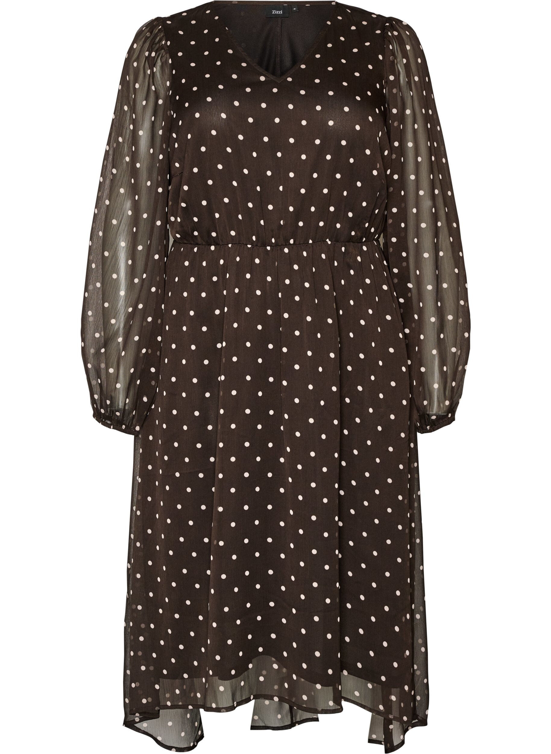ZizziChiffon jurk met polkadots en lange mouwen, Bruin, Packshot image number 0