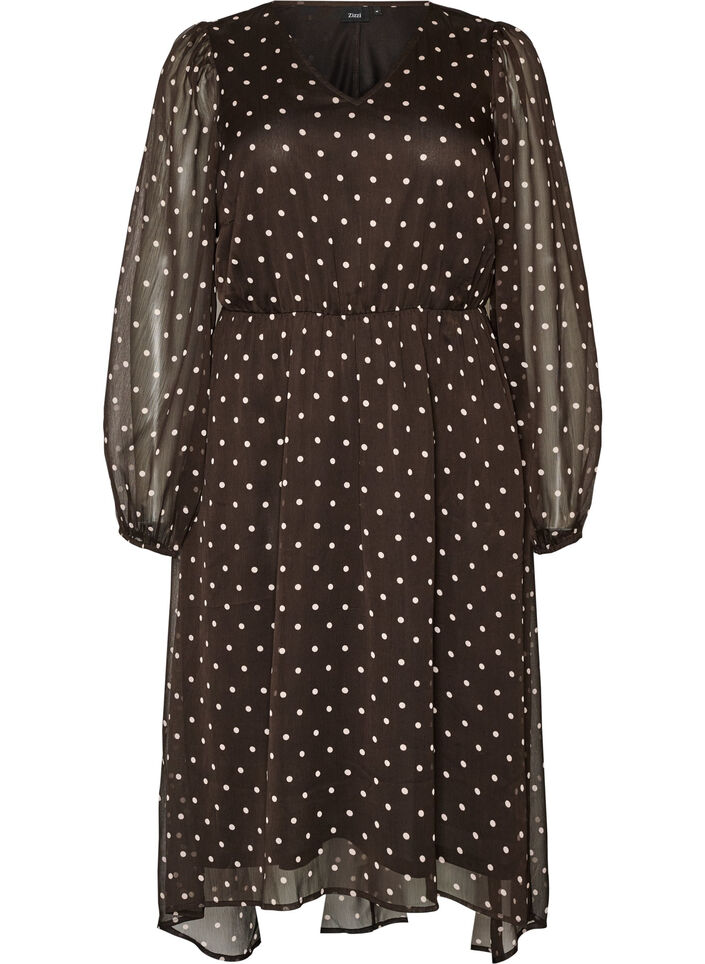 Chiffon jurk met polkadots en lange mouwen, Bruin, Packshot image number 0