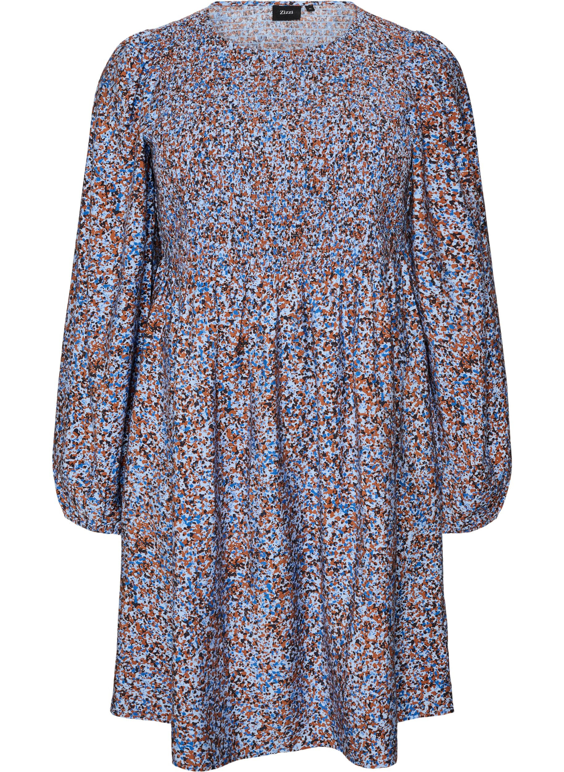 ZizziViscose jurk met smock en een all-over patroon, Blauw, Packshot image number 0