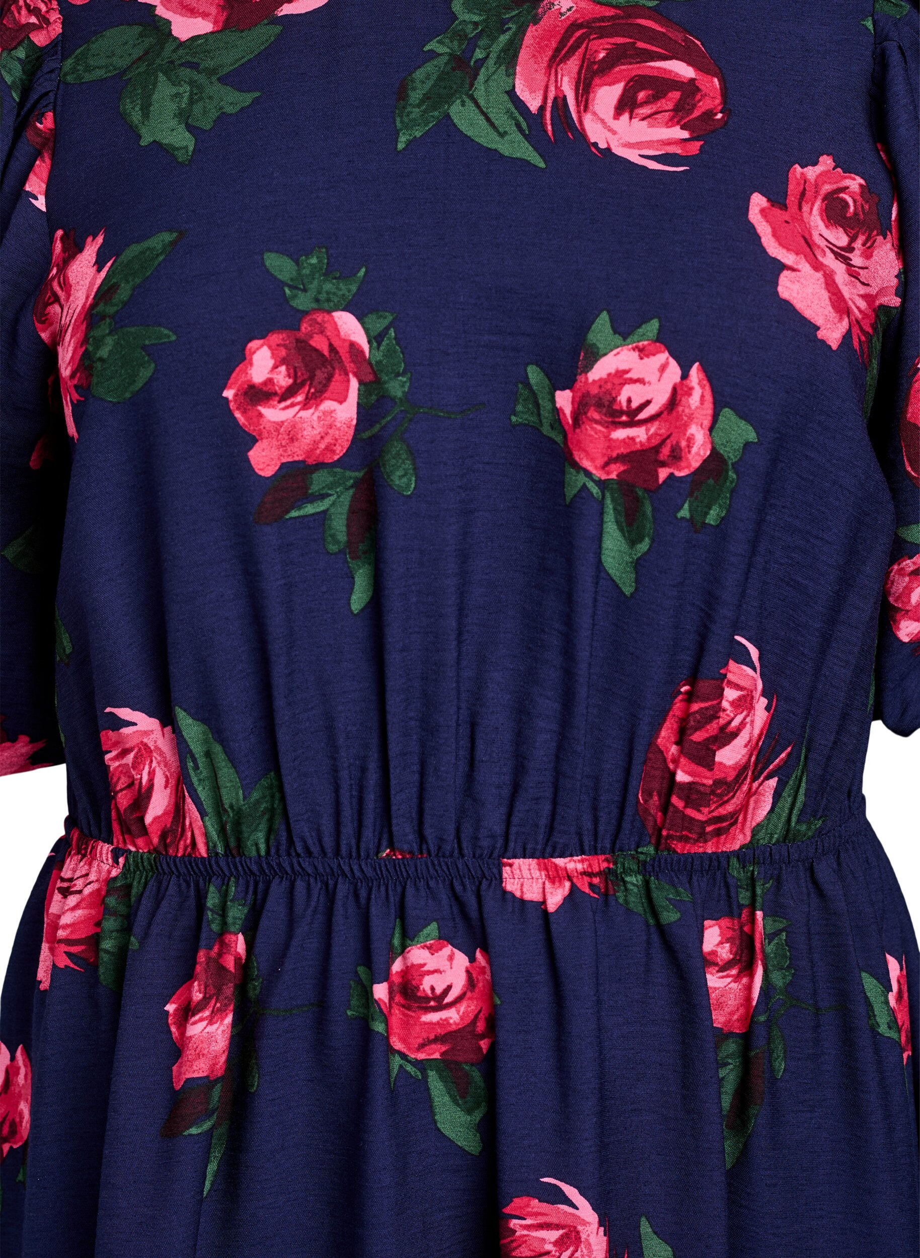 ZizziMidi-jurk met rozenprint en korte ballonmouwen, Blauw, Packshot image number 2