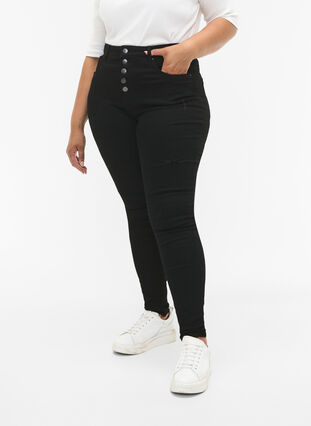 Amy jeans met hoge taille en knopen, Black, Model image number 2