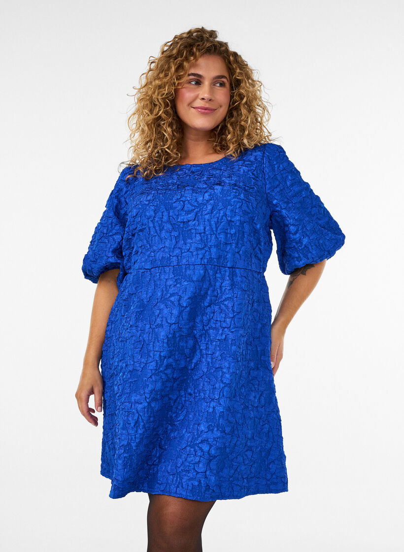 Jacquard jurk met pofmouwen en A-lijn, Blauw, Model image number 0