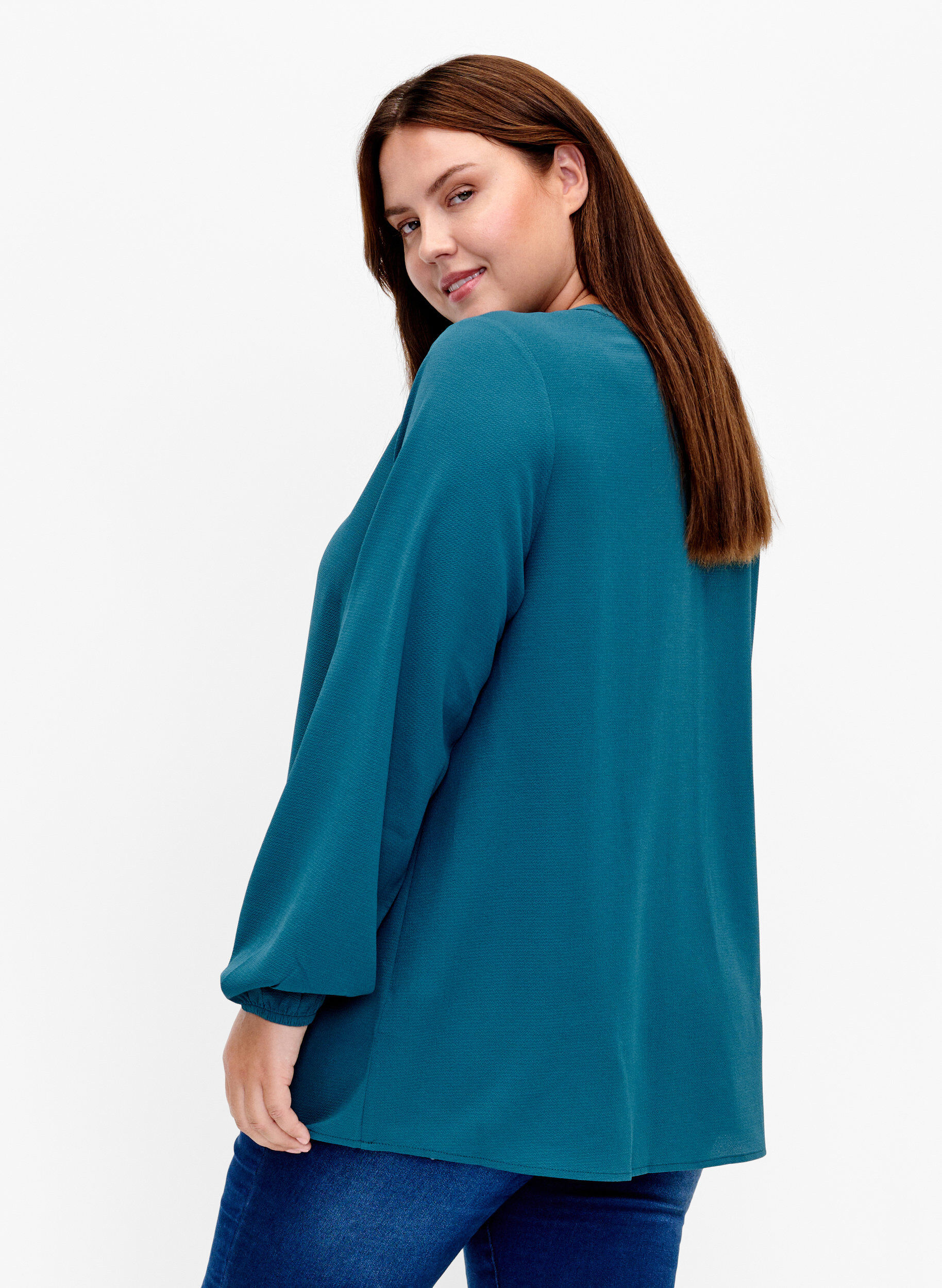 Zizzi Effen blouse met v-hals, Deep Teal, Model image number 1