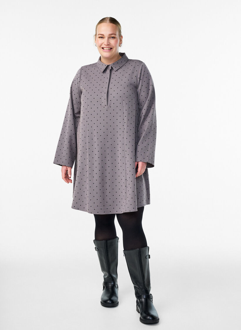 Korte A-lijn jurk met lange mouwen, Grijs, Model image number 1