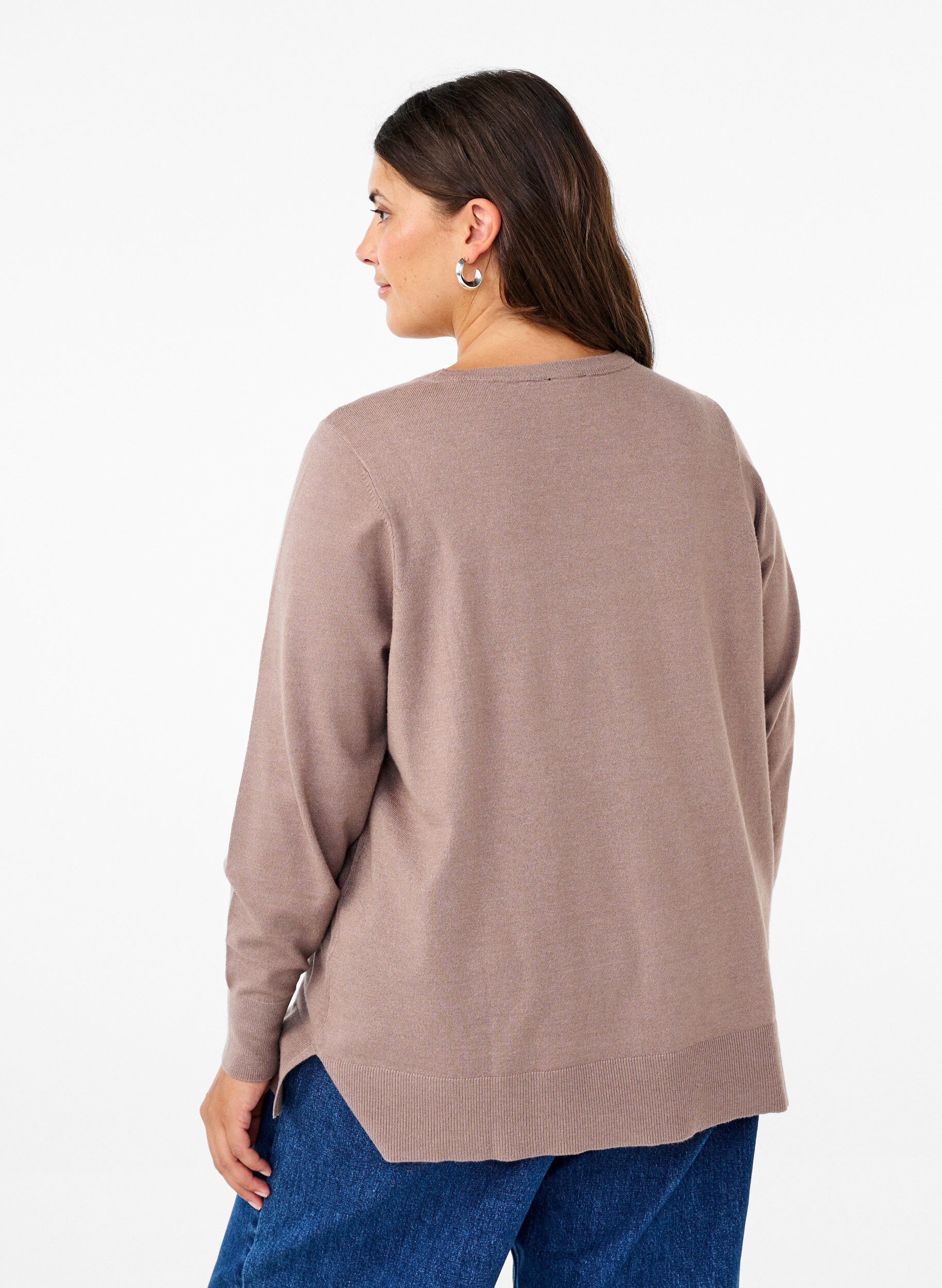 Zizzi Gebreide blouse met lange mouwen en een spleet, Grijs, Model image number 2