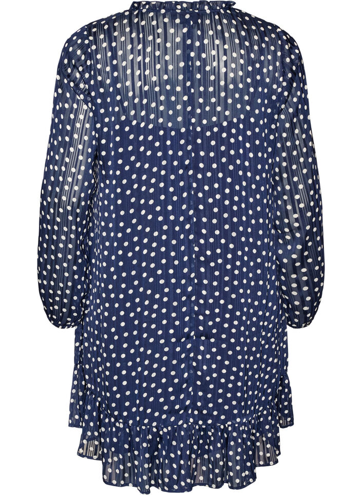Jurk met patroon, ruches en lange mouwen, Blauw, Packshot image number 1
