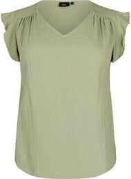 Mouwloze top van katoenen mousseline met ruches, Groen