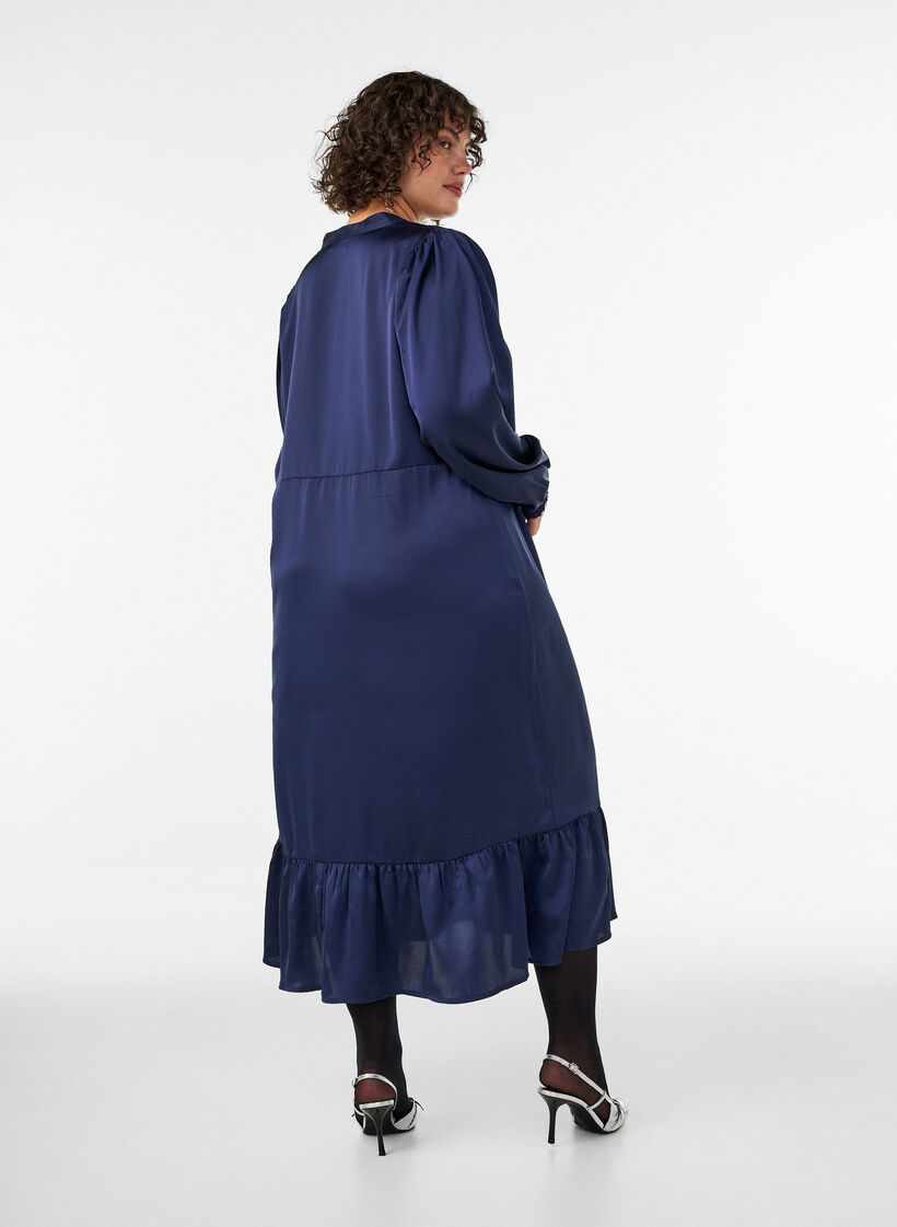Satijnen jurk met lange mouwen en V-hals, Blauw, Model image number 1
