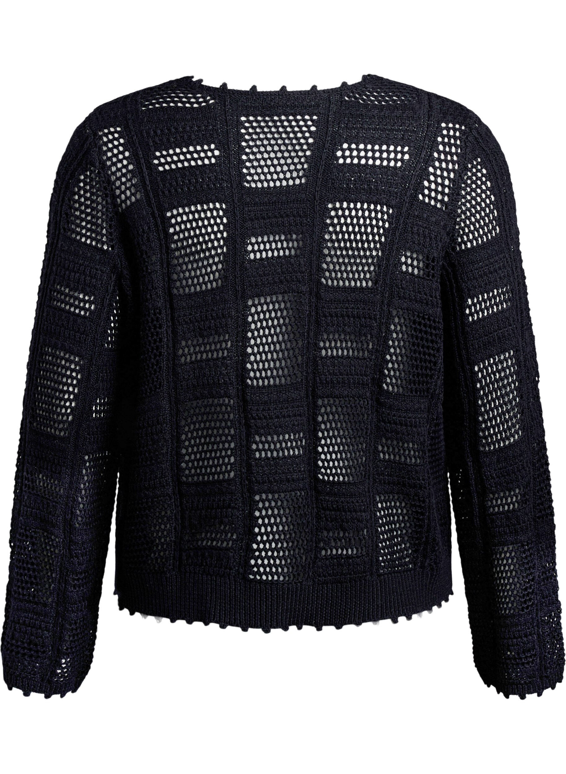 Zizzi Gebreide cardigan met strikjes en een opengewerkt patroon, Zwart, Packshot image number 1