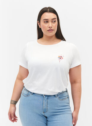 Katoenen t-shirt met opdruk op de voorkant, Bright White FLOWER, Model image number 0