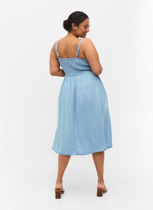 Midi-jurk met smokwerk en verstelbare taille, Light blue denim, Model image number 1