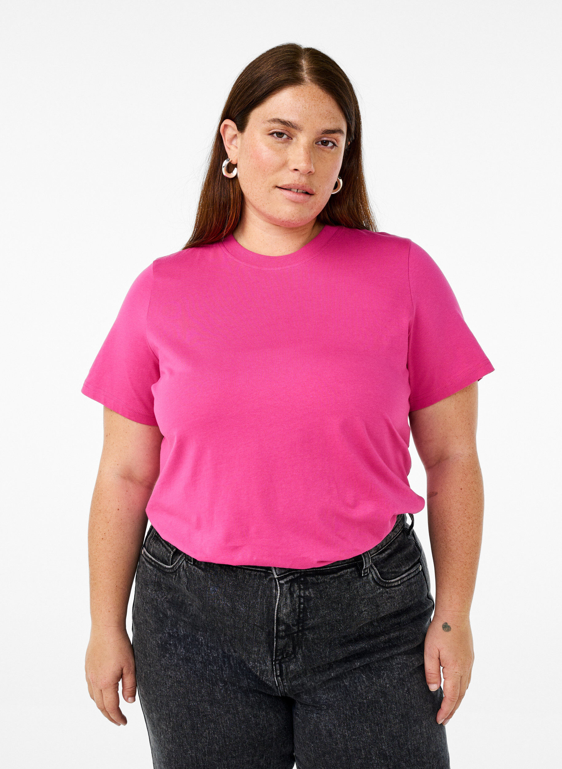 Basic katoenen T-shirt met ronde hals, Roze, Model