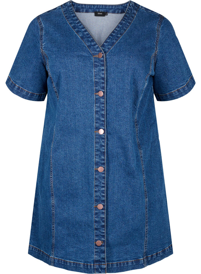 Korte denim jurk met V-hals, Blauw, Packshot image number 0