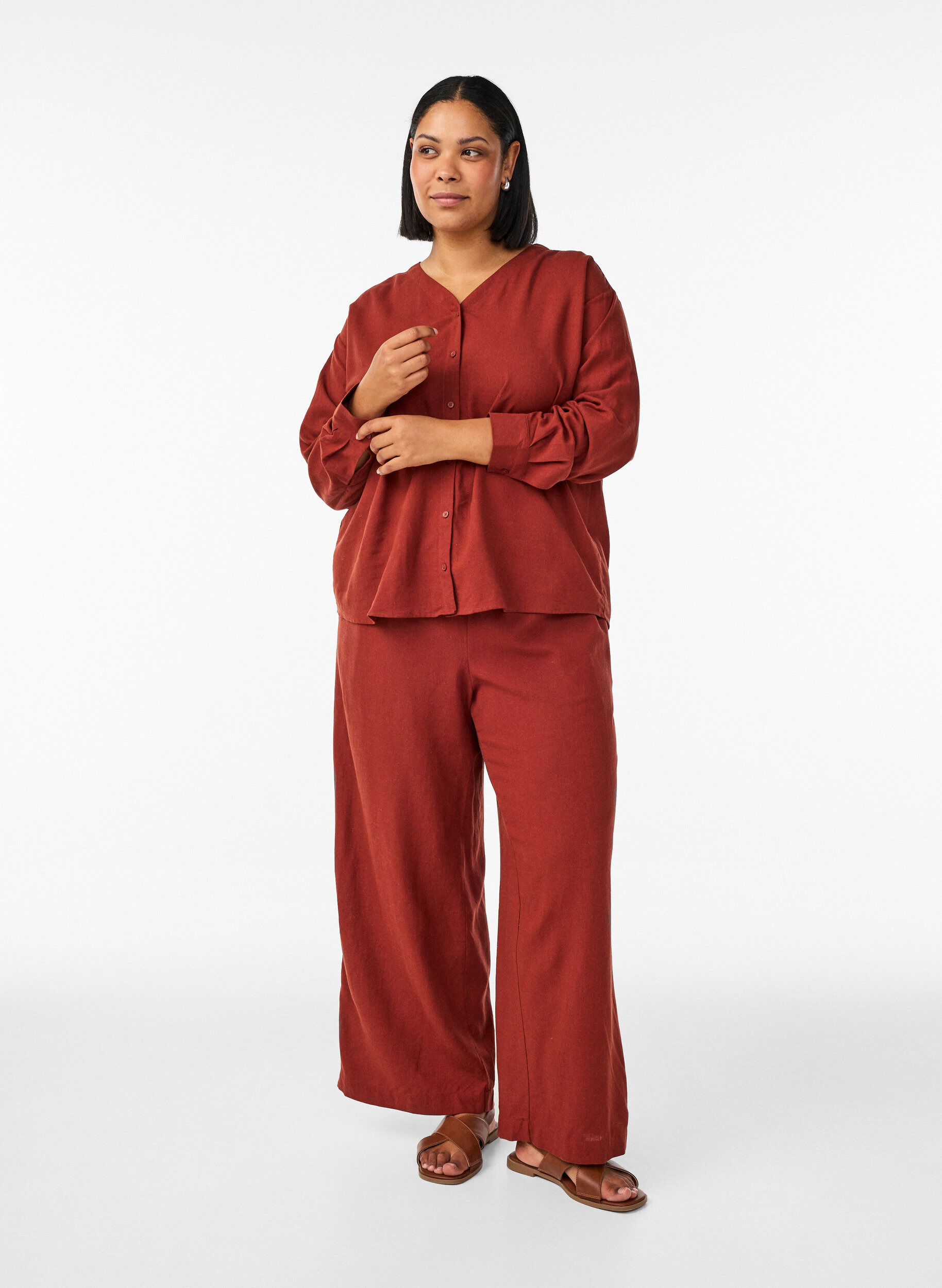 Zizzi Wijde linnen en viscose broek, Rood, Model image number 0