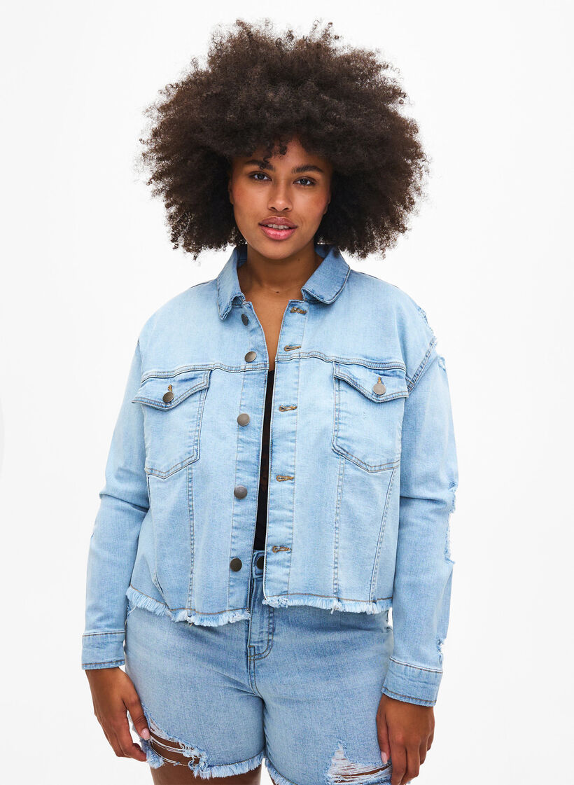Kort spijkerjasje met distressing details, Light Blue Denim, Model image number 0