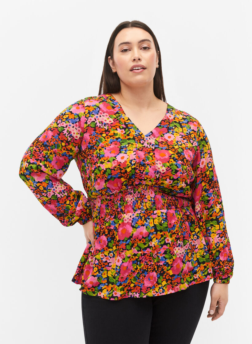 Viscose blouse met bloemenprint en smok, Neon Flower Print, Model image number 0