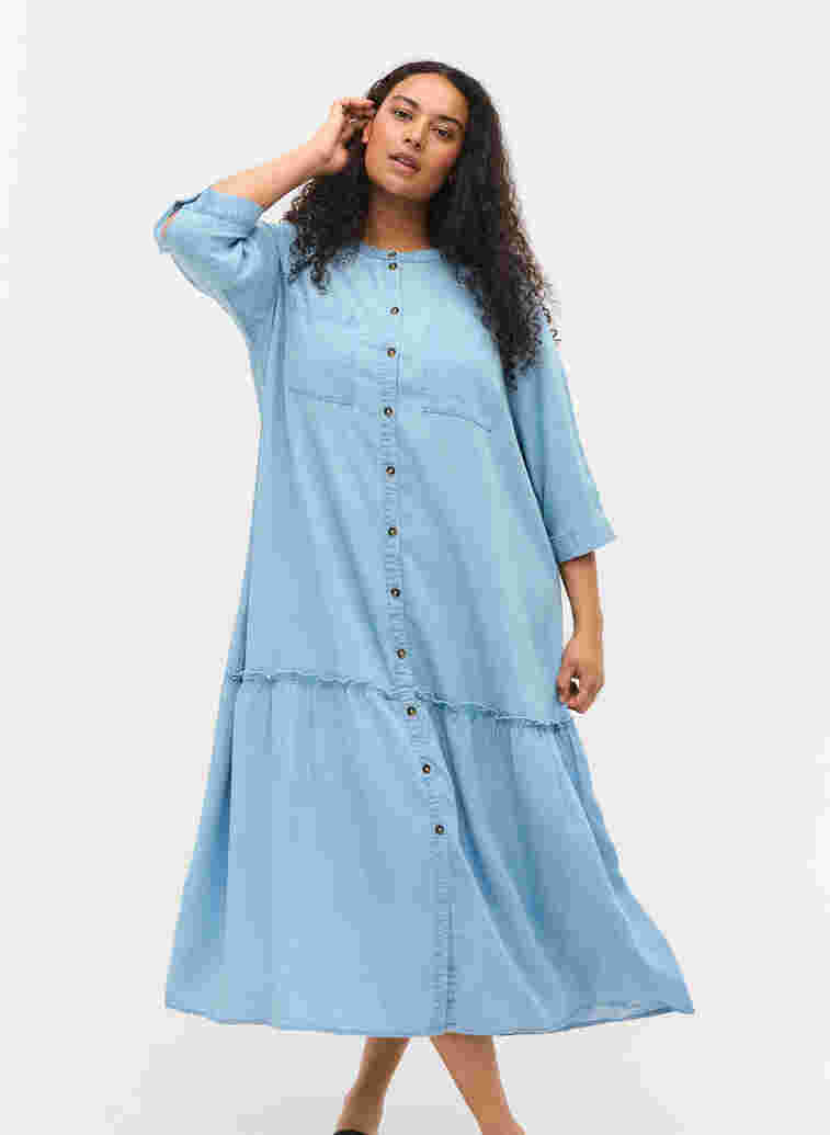 Midi-jurk met knoopjes en 3/4 mouwen, Light blue denim, Model image number 0