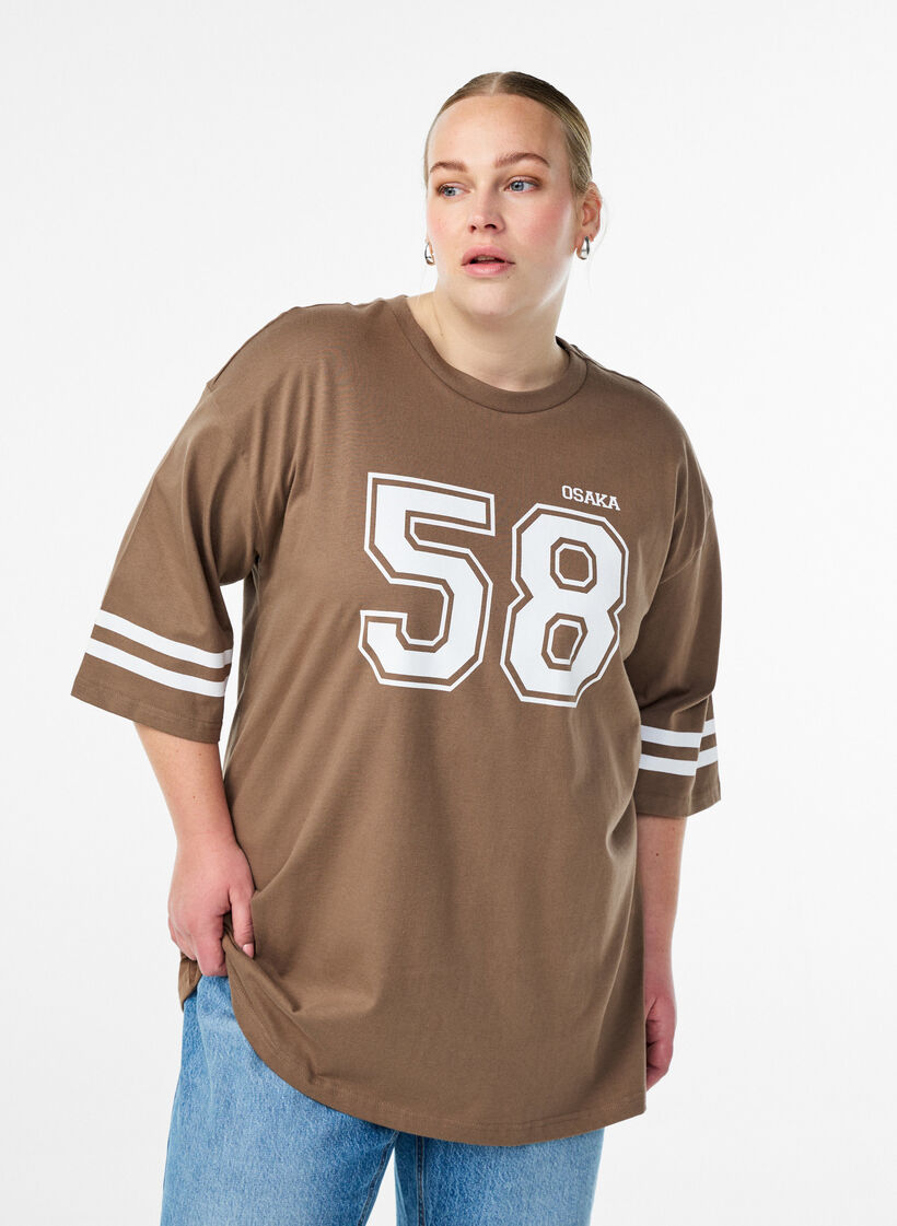 Oversized college T-shirt met 3/4 mouwen, Bruin, Model image number 0