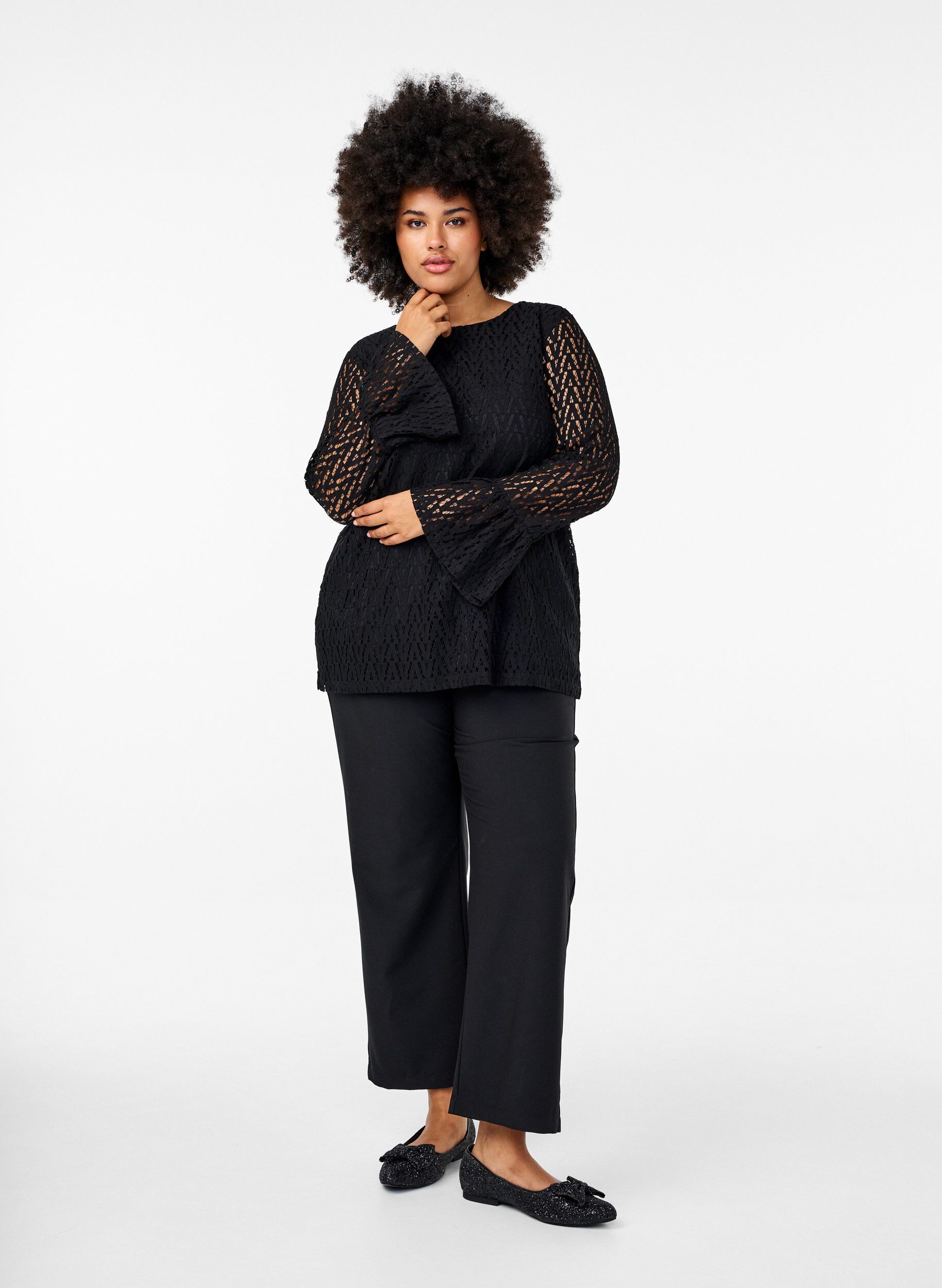 Zizzi Kanten blouse met geruffelde mouwen, Black, Model image number 2