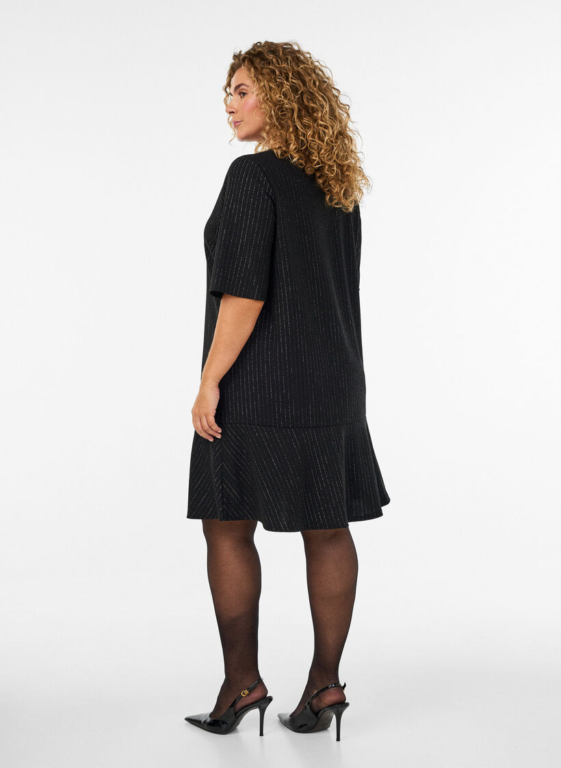 Korte A-lijnjurk met glitterstrepen, Zwart, Model image number 2