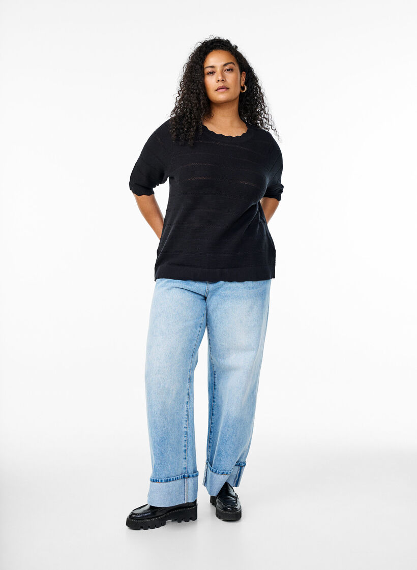 Gebreide blouse met een gestreept opengewerkt patroon en korte mouwen, Zwart, Model image number 1