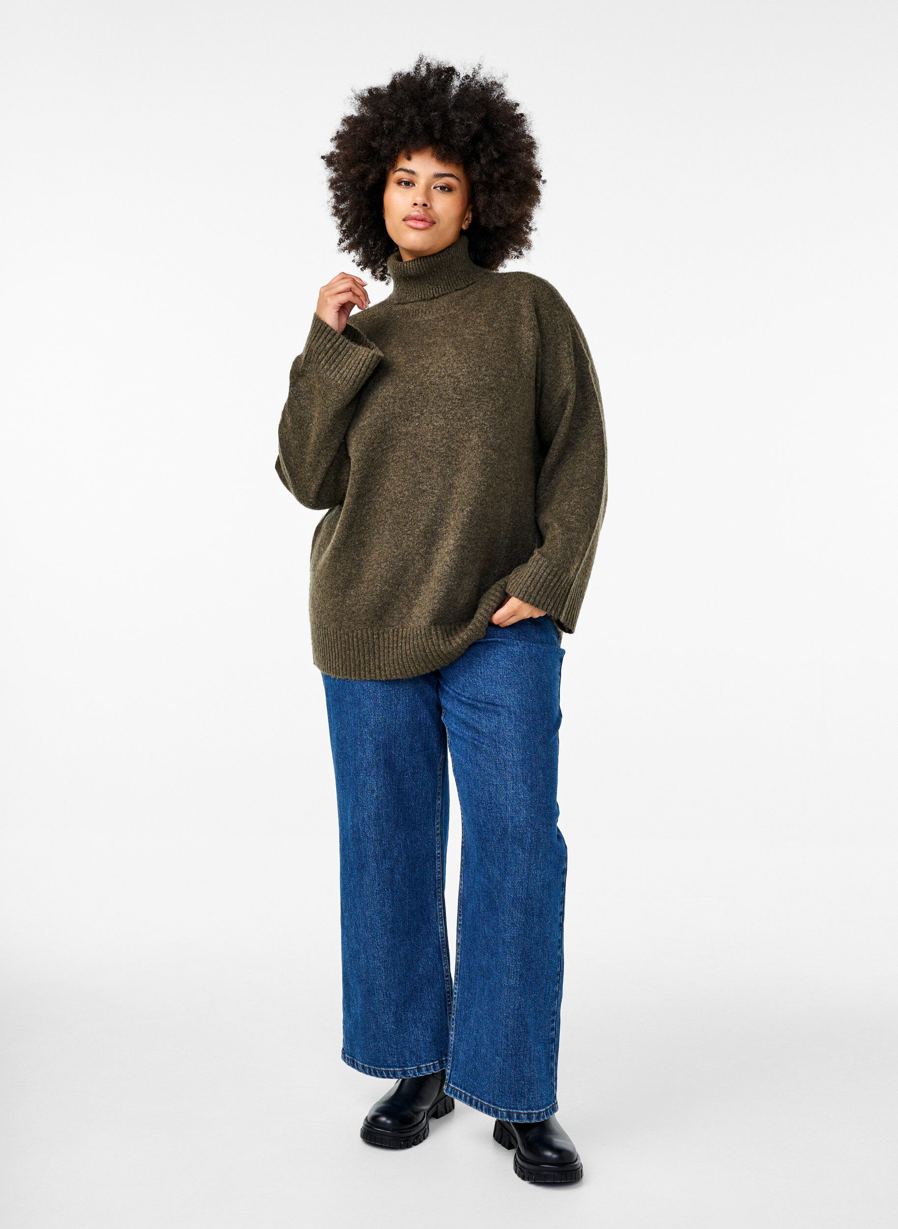 Zizzi Gebreide blouse met col, Sea Turtle Mel., Model image number 3