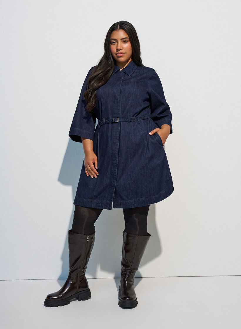 Denimjurk met riem en 3/4-mouwen, Blauw, Model image number 1