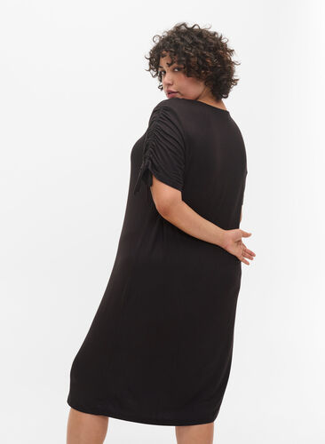 Viscose jurk met korte mouwen en koordjes, Black, Model image number 1