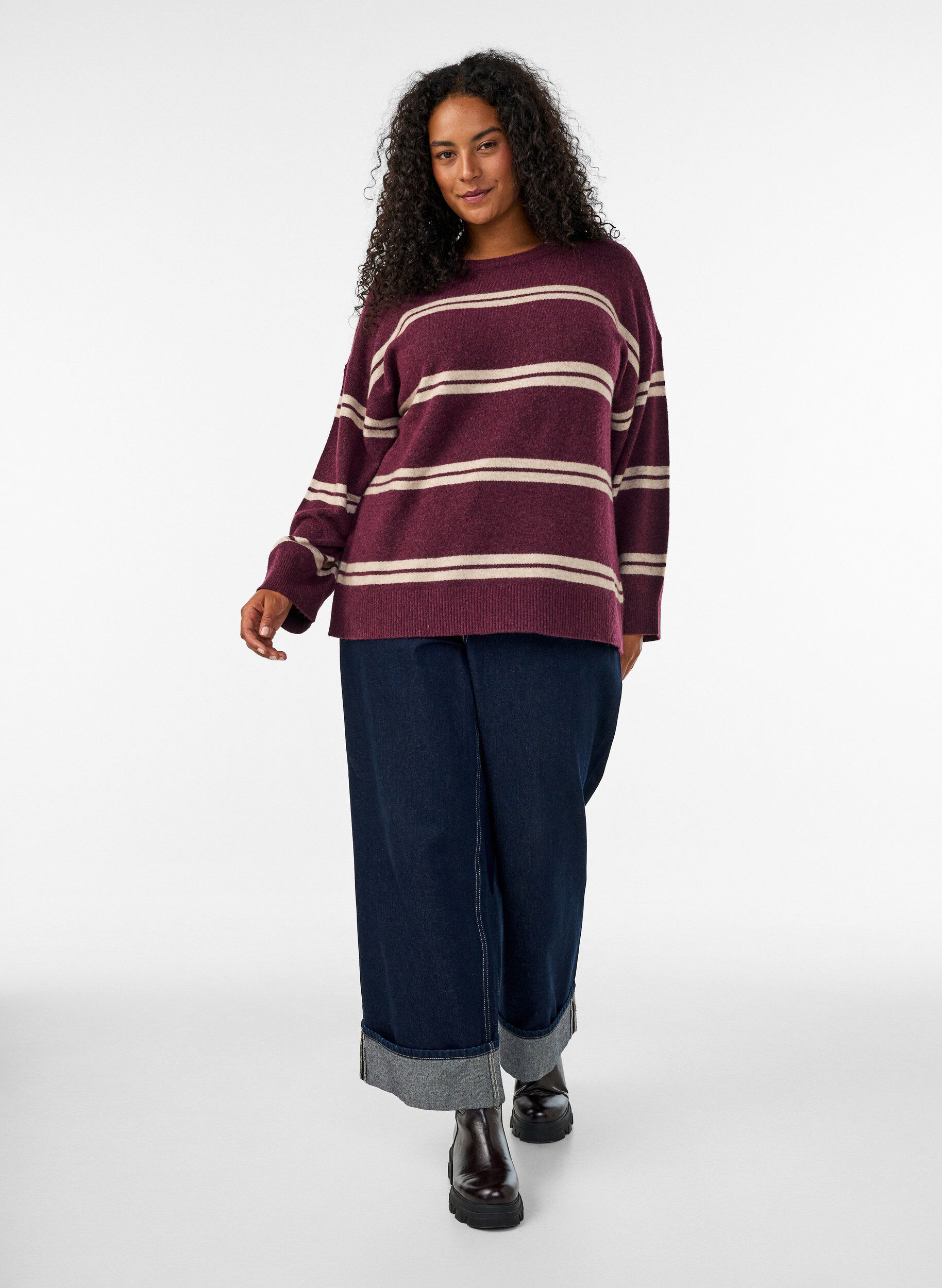 ZizziGebreide blouse met dubbele contrasterende strepen, Rood, Model image number 1
