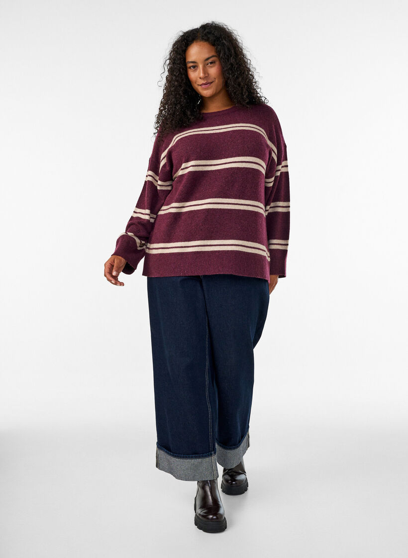 Gebreide blouse met dubbele contrasterende strepen, Rood, Model image number 1