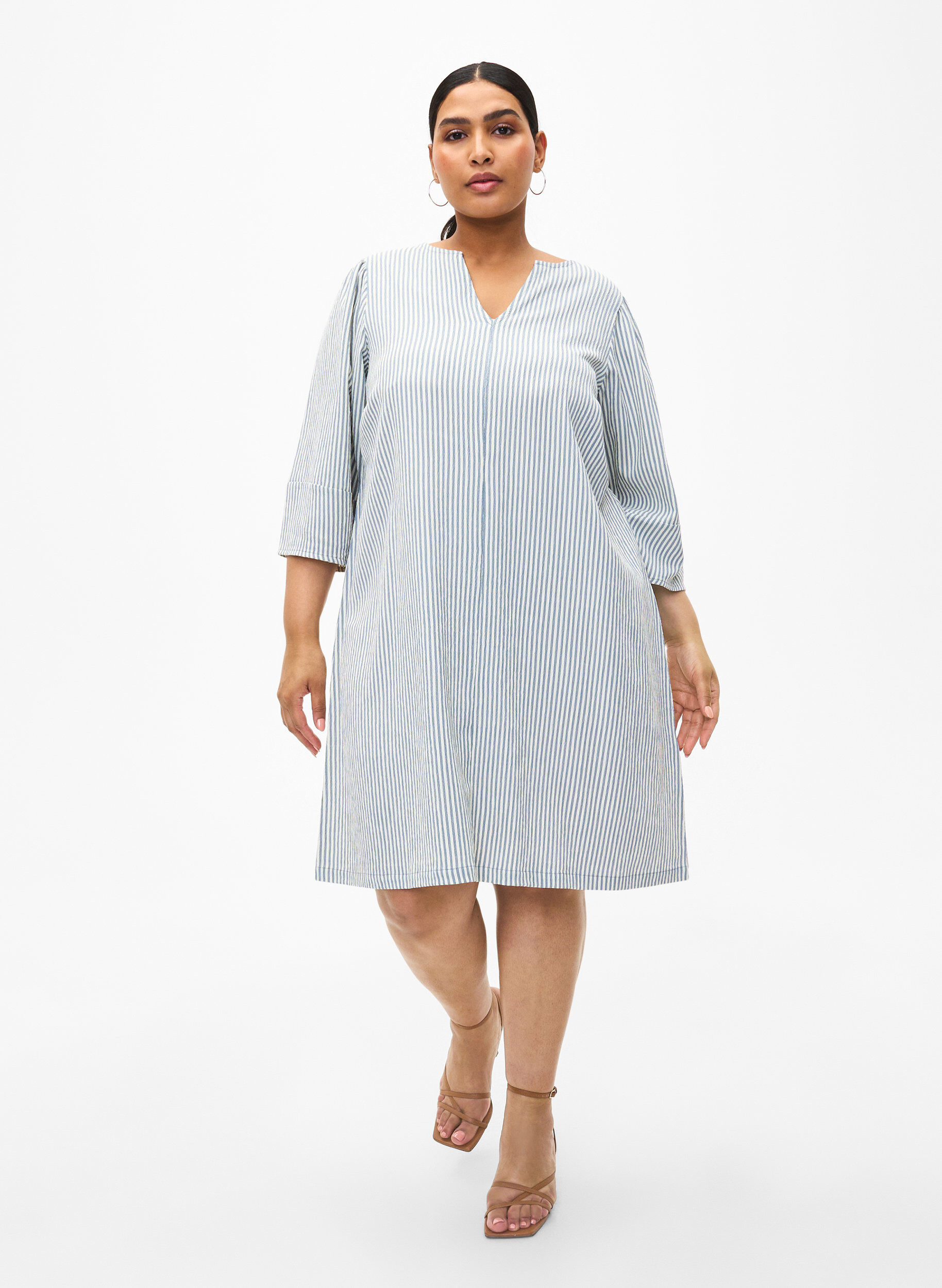 Zizzi Gestreepte jurk met 3/4 mouwen, Blue Stripe, Model image number 2