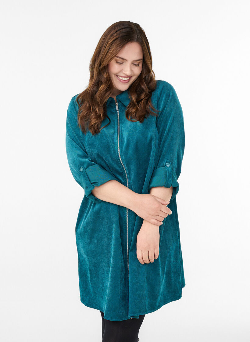 Corderoy jurk met rits en 3/4-mouwen, Groen, Model image number 0