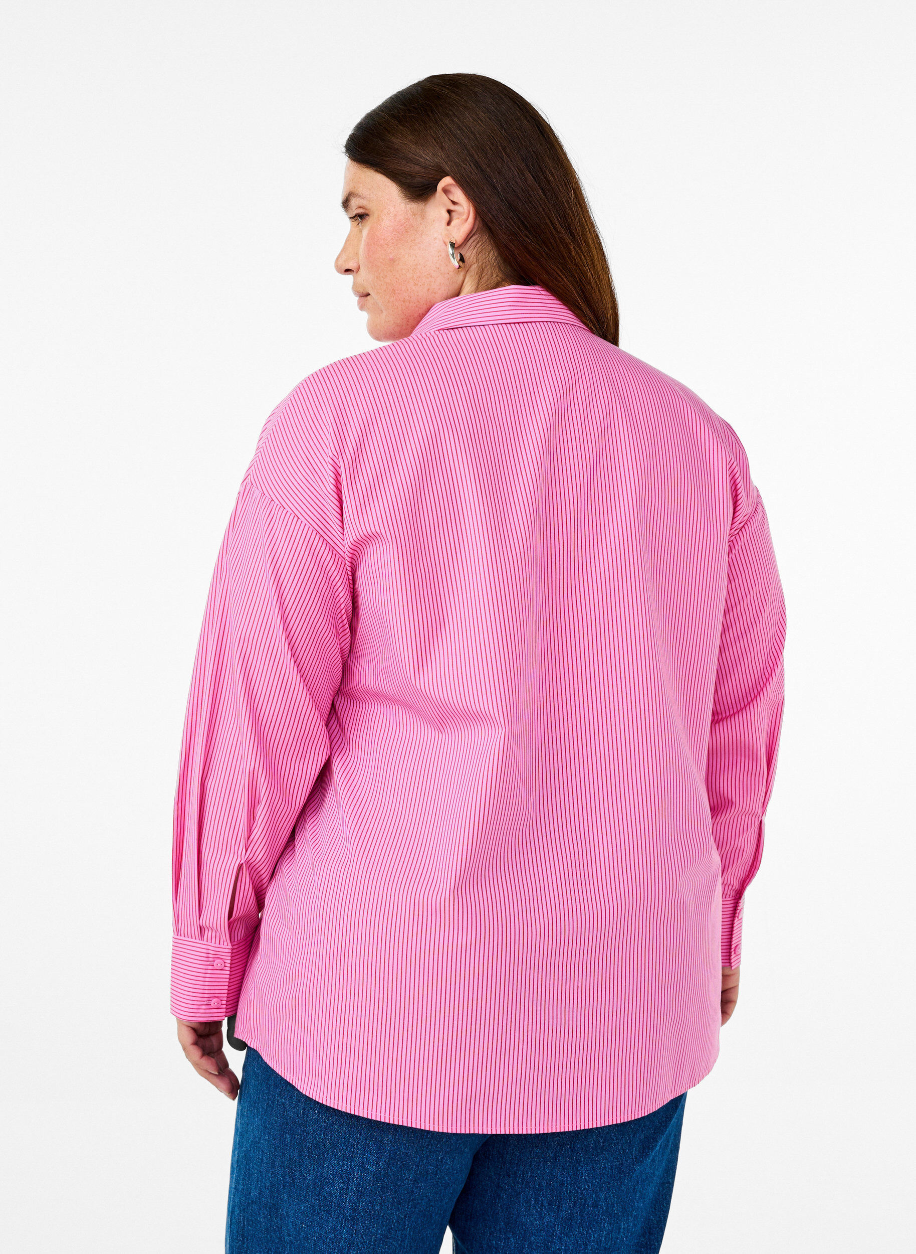 Zizzi Losse shirt met lange mouwen en strepen, Roze, Model image number 2