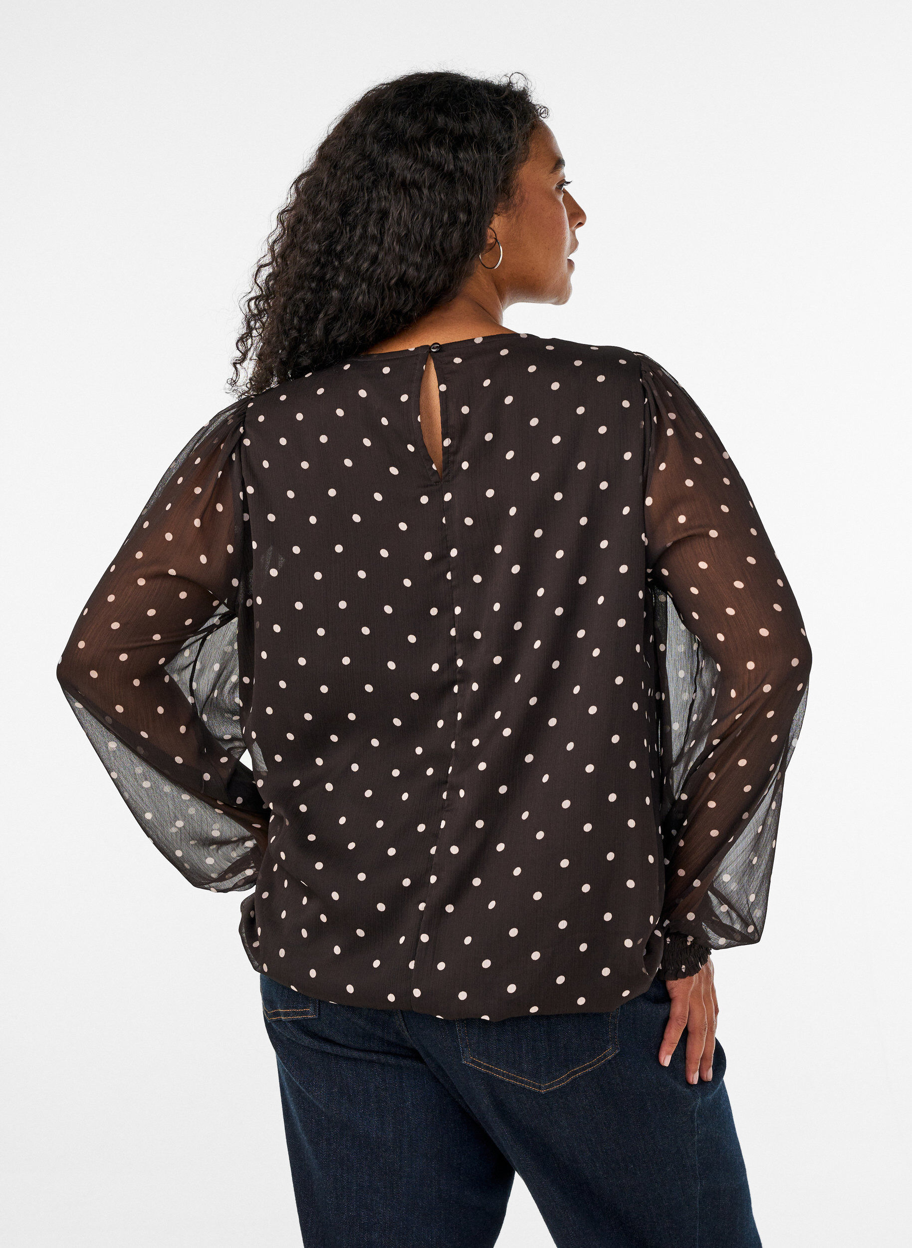 ZizziChiffon blouse met stippen en doorschijnende mouwen, Bruin, Model image number 2