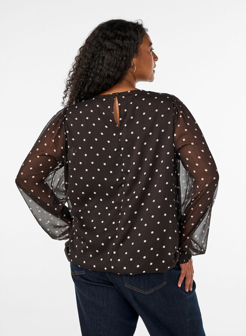 Chiffon blouse met stippen en doorschijnende mouwen, Bruin, Model image number 2
