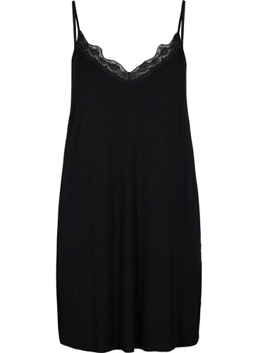 Pyjama jurk met kanten rand in viscose, Black, Packshot image number 0