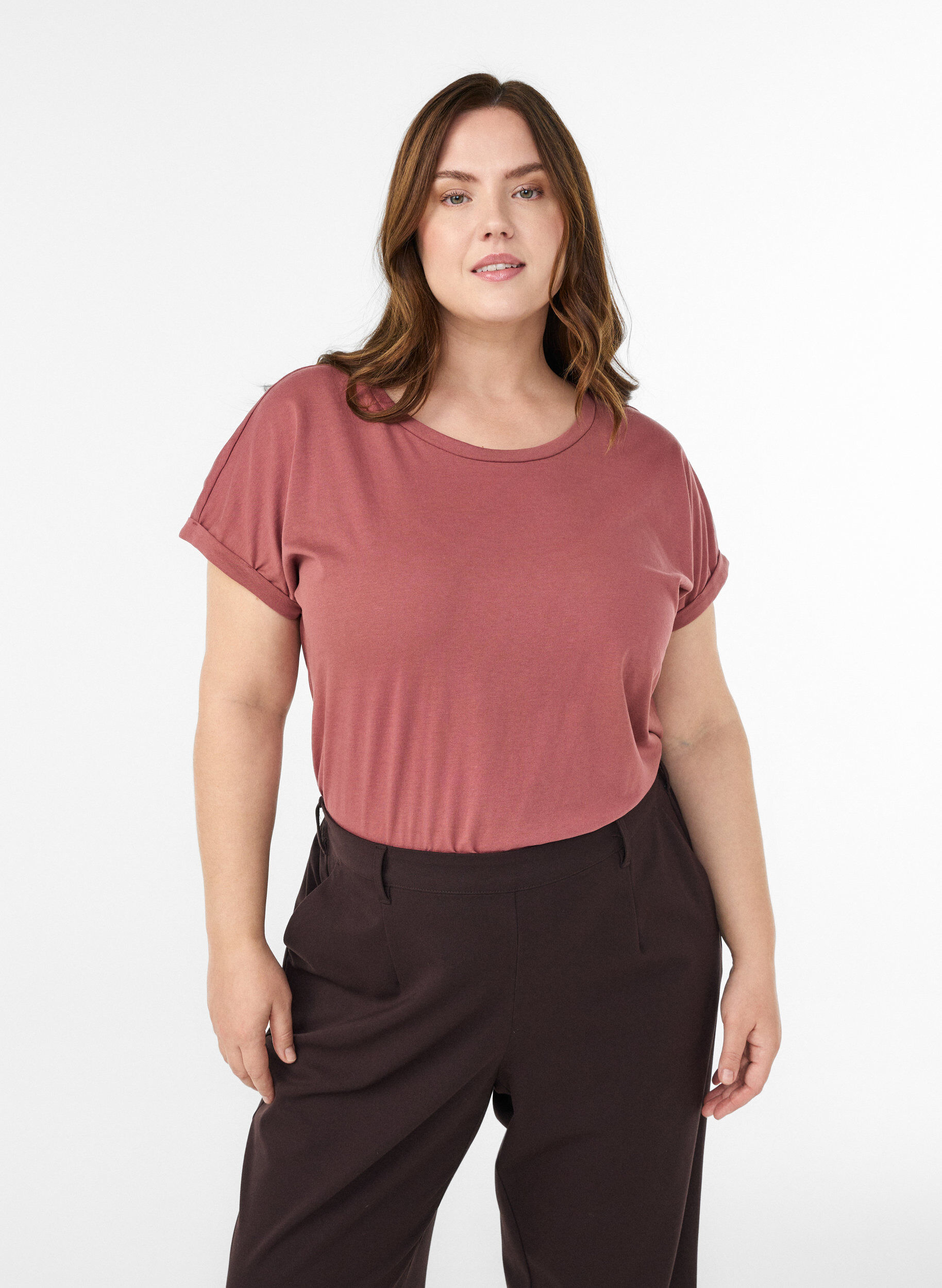 T-shirt met korte mouwen in een katoenmix, Roze, Model