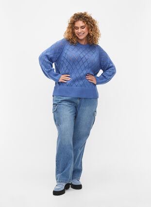 Gebreide blouse met lange mouwen en een gaatjespatroon, Blue Bonnet, Model image number 2