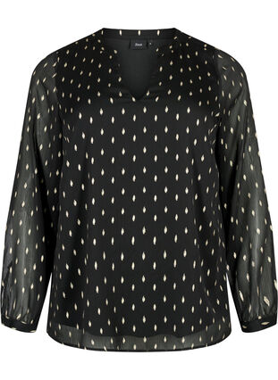 Bedrukte blouse met V-halslijn, Black w. Gold, Packshot image number 0