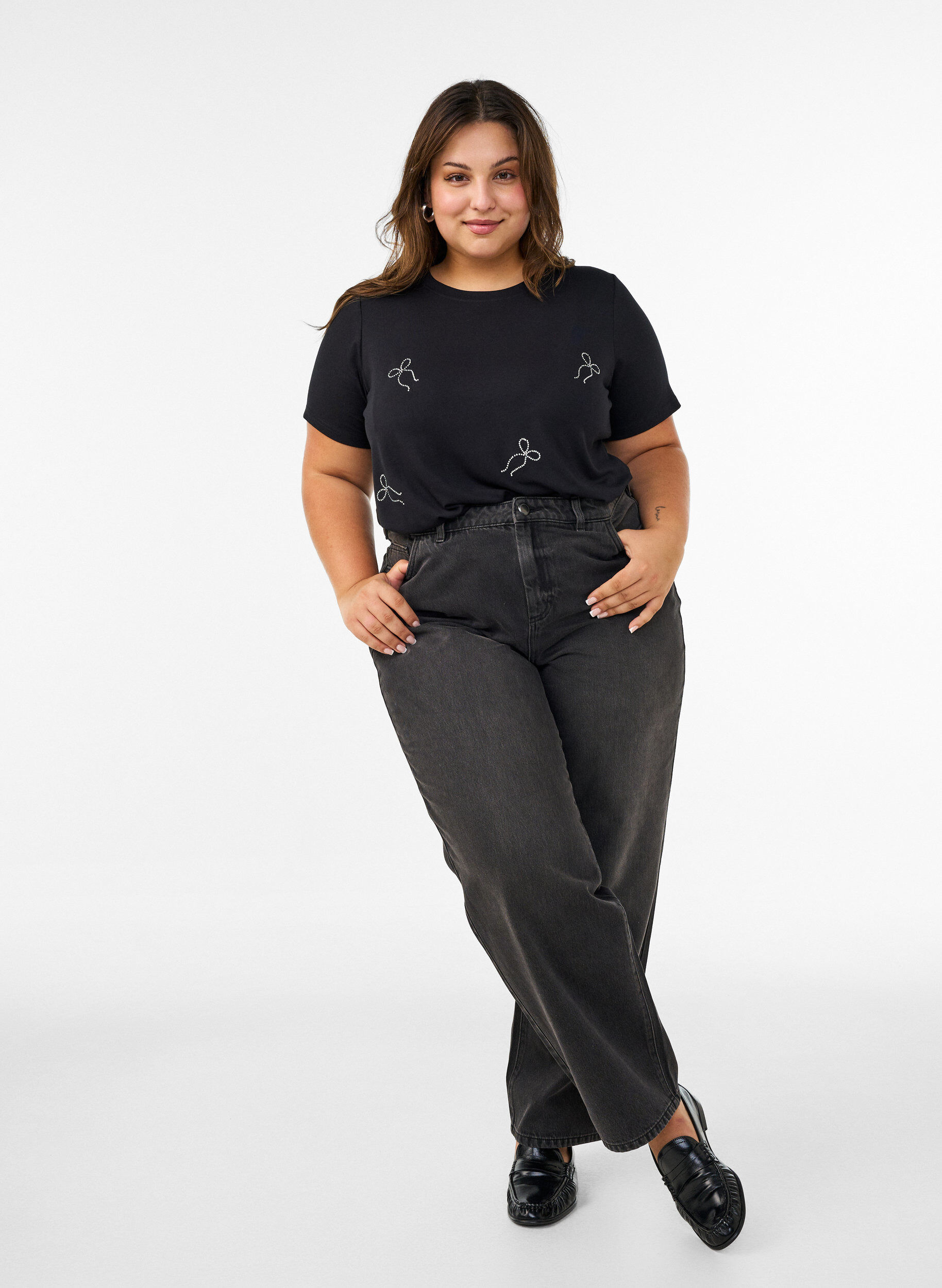 ZizziViscose T-shirt met strassteentjes, Zwart, Model image number 1