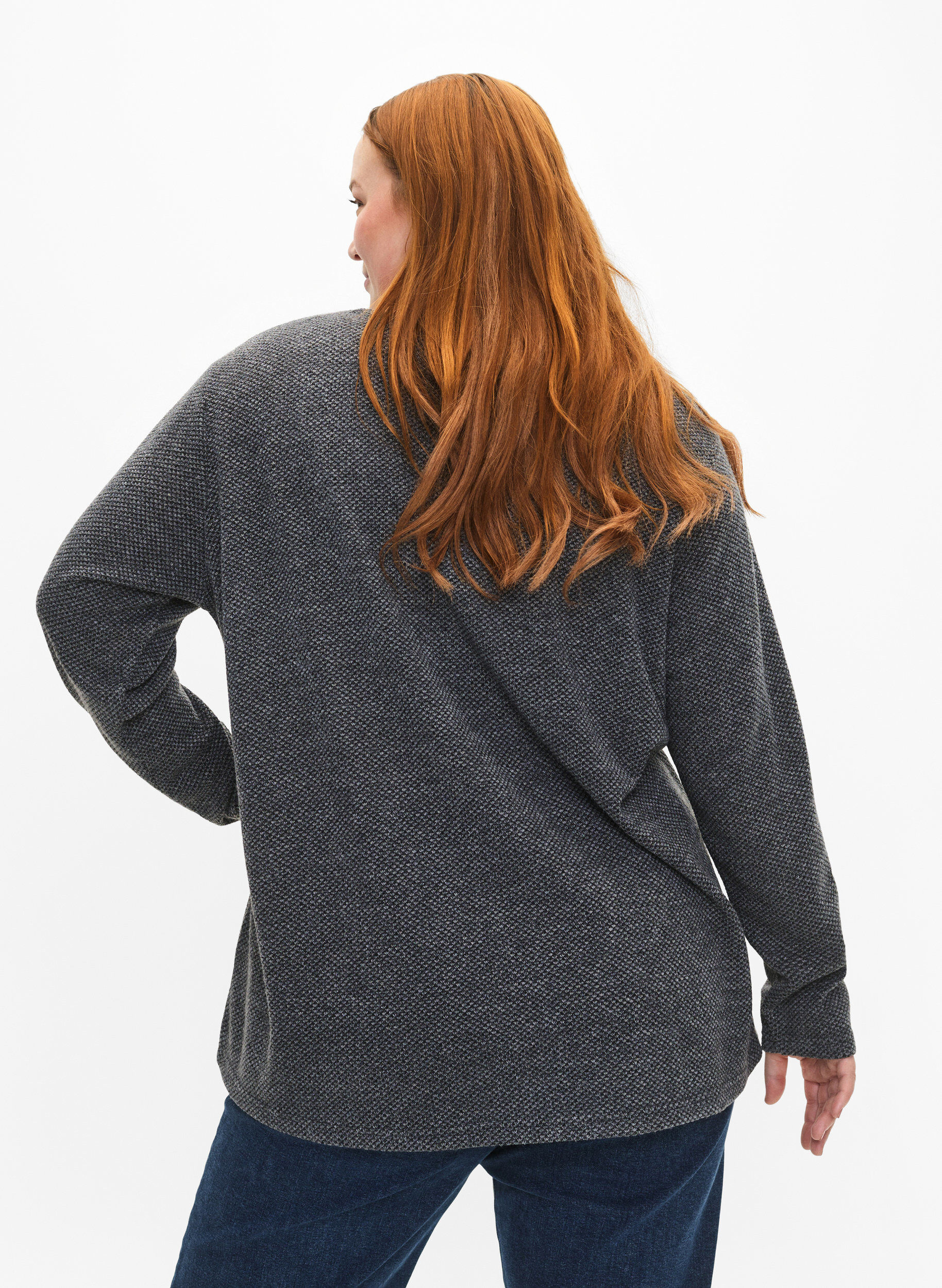 Zizzi Melange Blouse met een rond halsje en lange mouw, Dark Grey, Model image number 1
