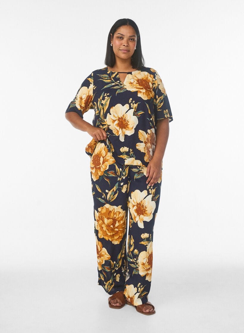 Losse viscose broek met print, Blauw, Model image number 0