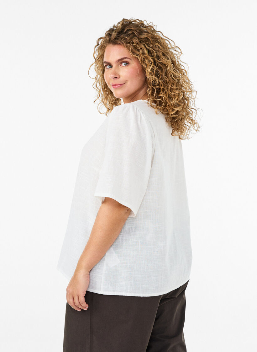 Katoenen shirt met korte mouwen en een V-hals, Wit, Model image number 1