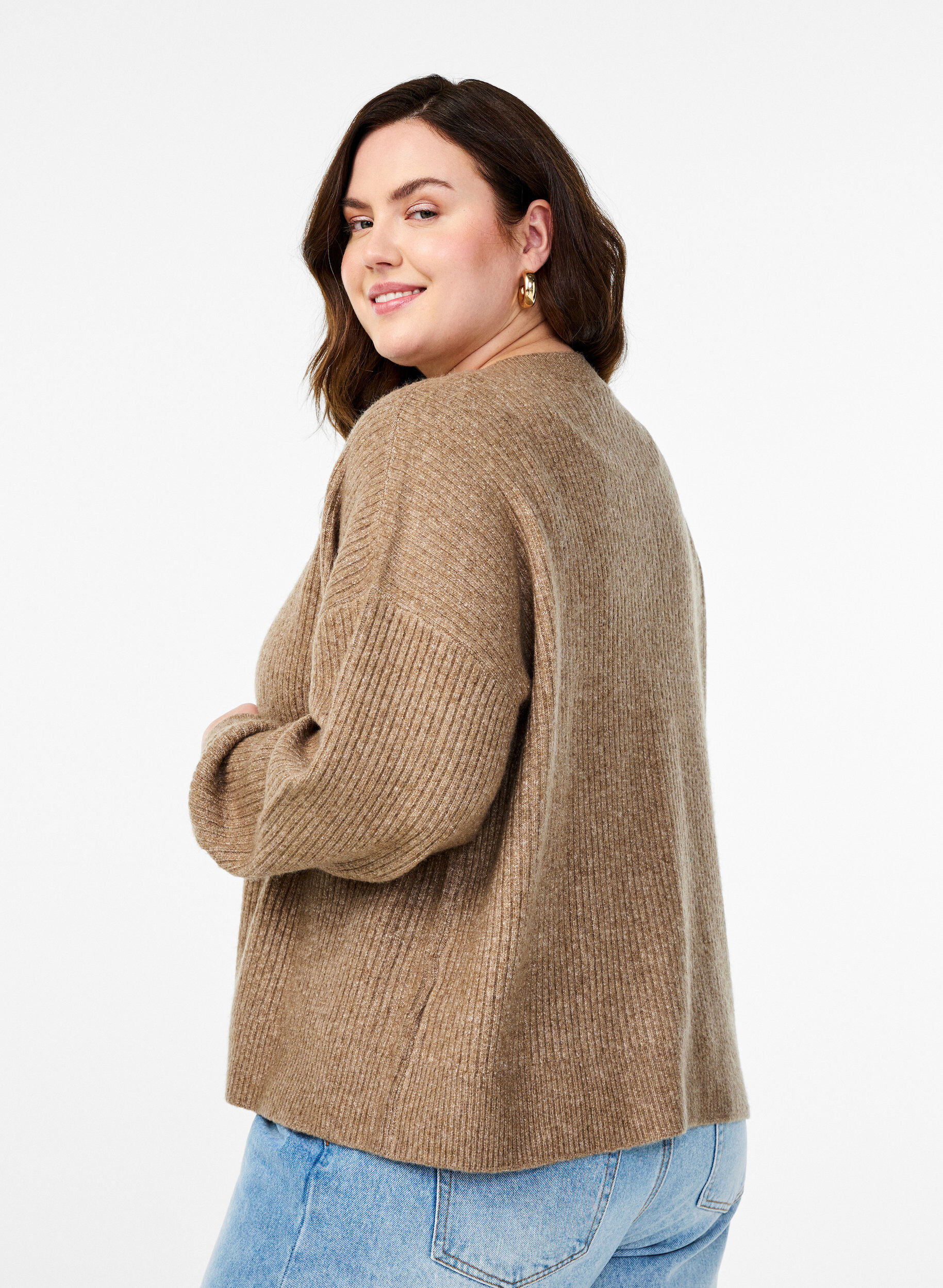 ZizziVest van ribtricot met knopen, Bruin, Model image number 2