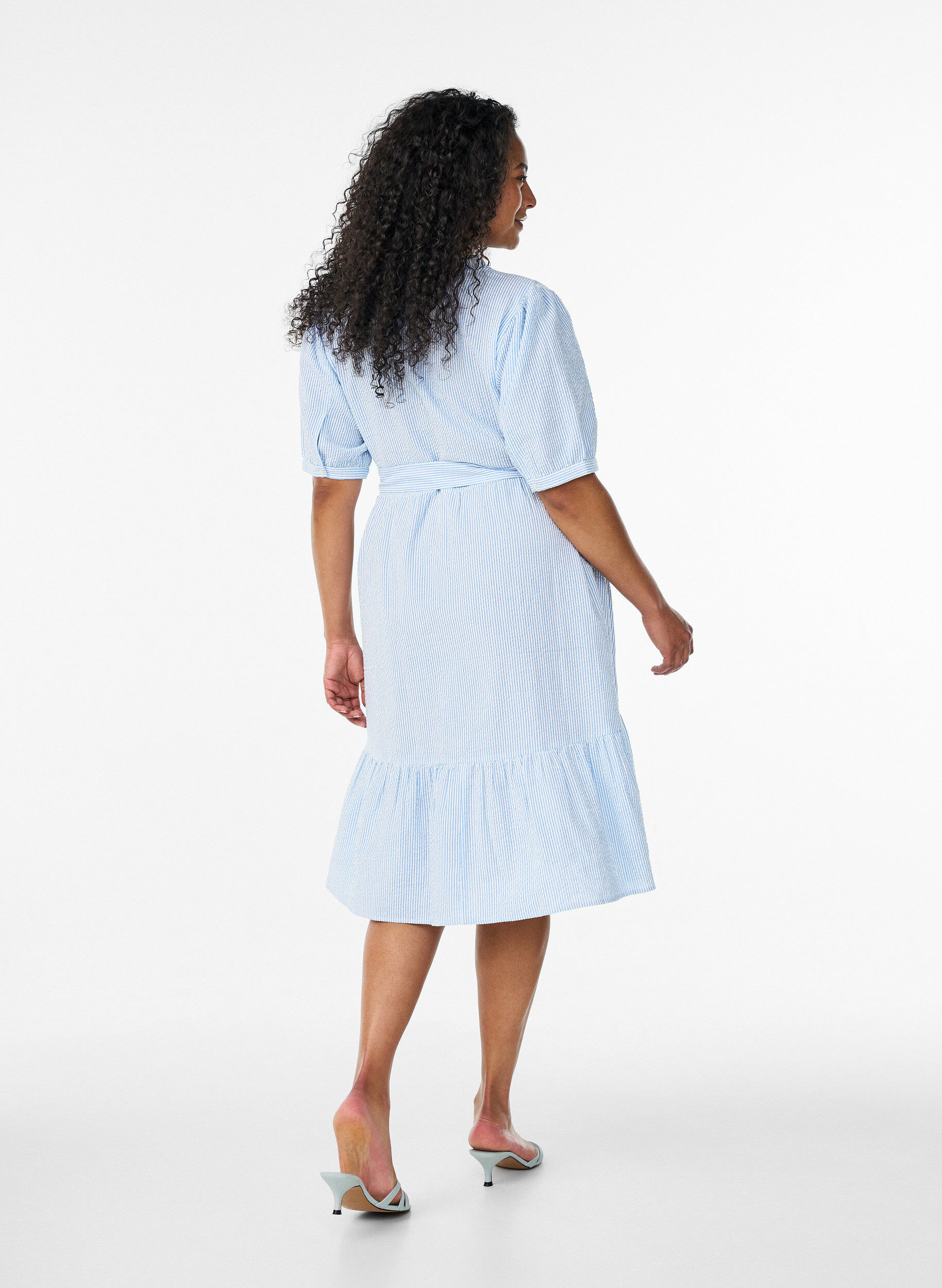 ZizziGestreepte midijurk van katoen met een strikceintuur, Wit, Model image number 2