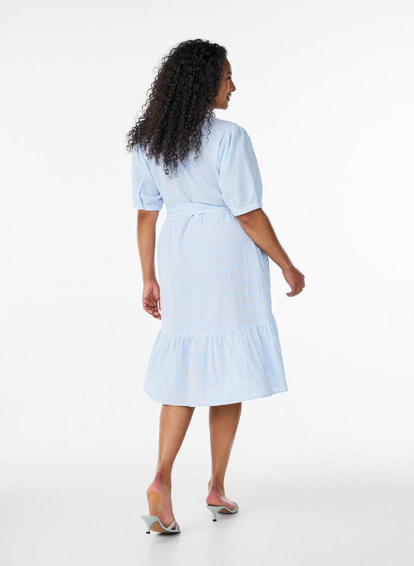 Gestreepte midijurk van katoen met een strikceintuur, Wit, Model image number 2