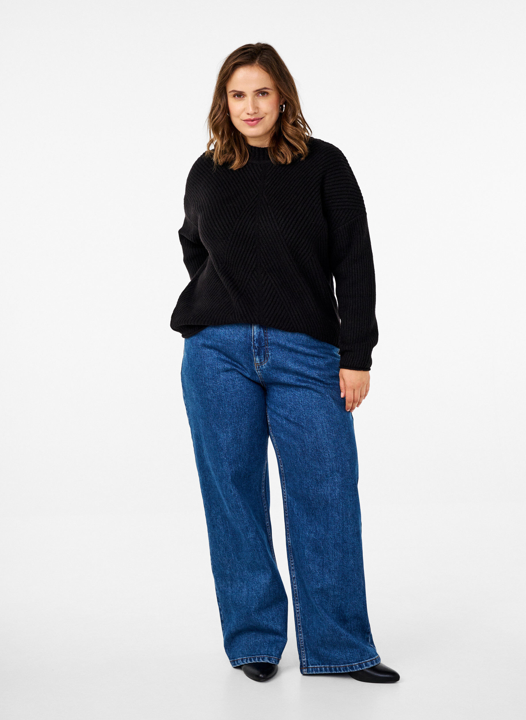 Zizzi Trui met een gestreept patroon en lange mouwen, Black Mel., Model image number 2