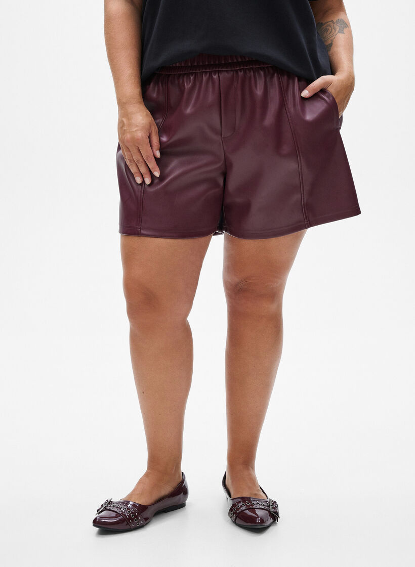 Losse imitatieleer shorts met elastische tailleband, Donker Bordeaux, Model image number 3