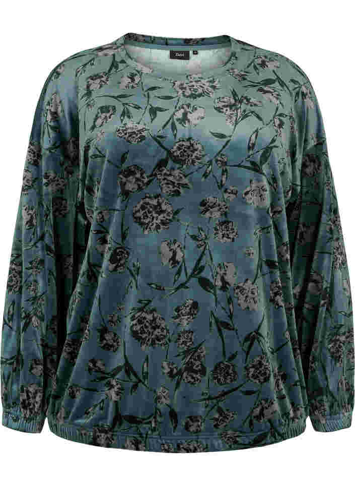 Velours top met lange mouwen en bloemenprint, Green Gables AOP, Packshot image number 0